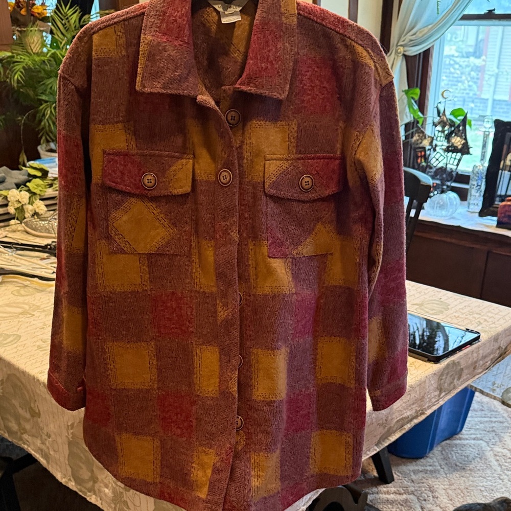 Multiples Womens Plaid Patchwork Button Up Shacket‎ Burgundy Rust Gold Size M